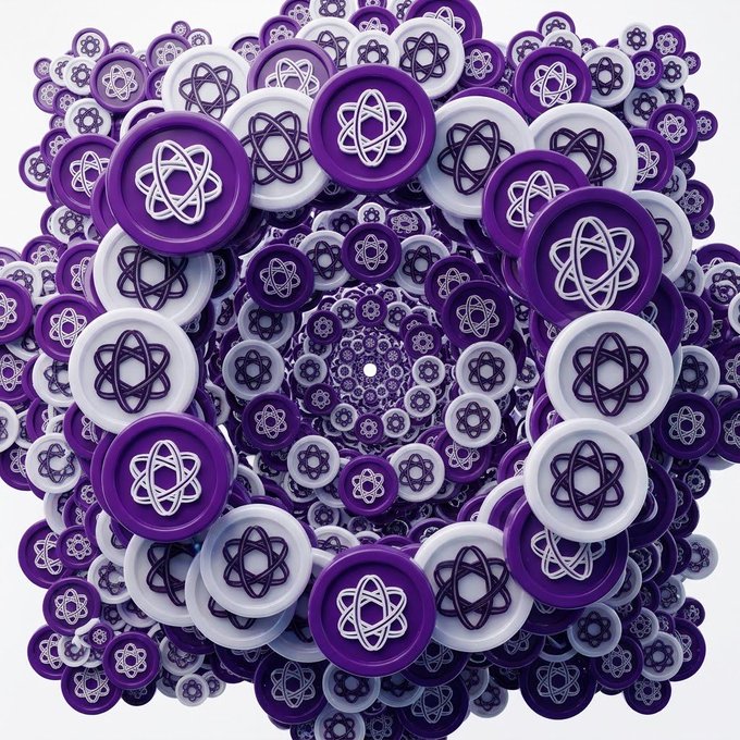 A 3D abstract fractal artwork displaying a swirling vortex of purple and white buttons, each marked with an atom-like symbol.