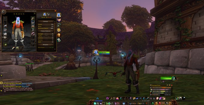 A screenshot from the video game World of Warcraft shows a Draenei character in a twilight-lit outdoor setting with an inventory window titled 'Transmogrification' open on the left.