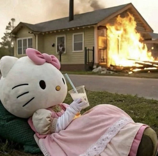 A relaxed Hello Kitty plush doll casually sips a drink on the grass while a house burns dramatically in the background, humorously illustrating the post's metaphor of chilling through a chaotic market crash—suggesting confident holding (or buying more) of $KITTY with eyes on $1.