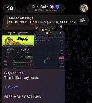 A Telegram channel called "Euni Calls" with 29,755 subscribers shares a pinned message showing $OOO's 8x gain, alongside a trading chart for $HOPPY displaying a 5,616.49% increase, with the text "Guys for real This is like easy mode $HOPPY FREE MONEY SZNNNN." The image supports the post's claim of "$HOPPY 10X" by visually showcasing the token's massive percentage gain and a celebratory "FREE MONEY" message.