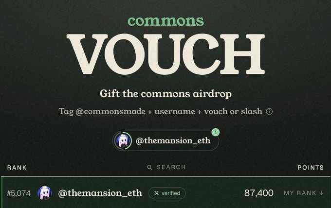 A screenshot of a 'commons VOUCH' webpage promoting an airdrop by tagging @commonsmade, showing the user @themansion_eth with 87,400 points at rank #5,074.