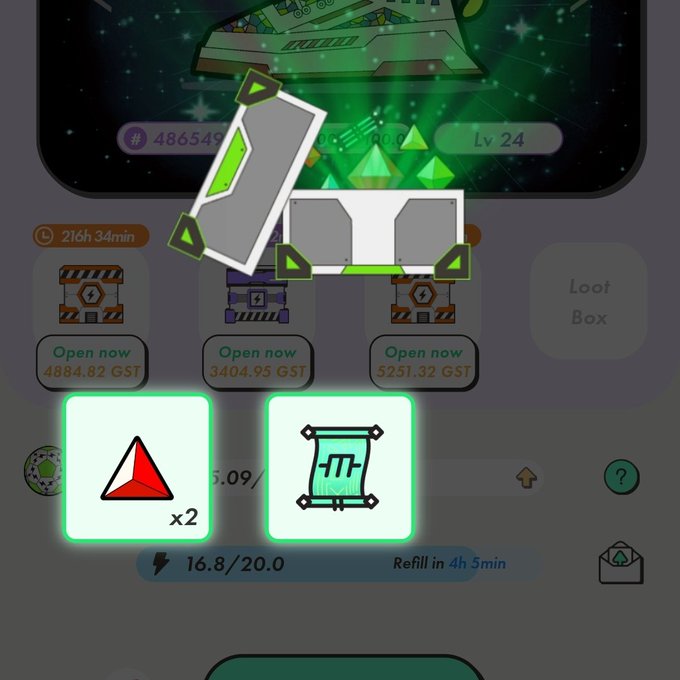 A sci-fi themed mobile game interface showing open loot boxes costing GST tokens (4484.82, 3404.95, 3251.32), with a player level of 24, 486549 currency, and rewards including a red triangle (x2) and a scroll item.