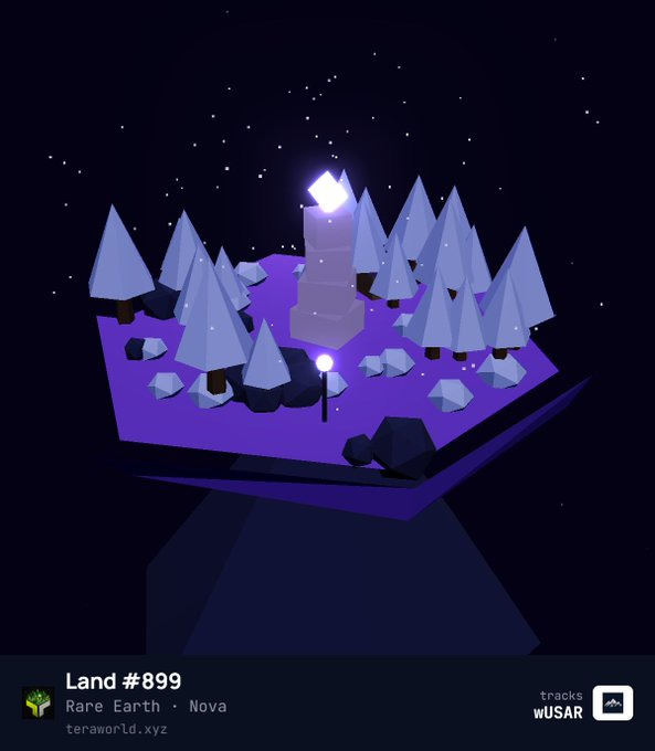 A low-poly 3D rendering of 'Land #899' from teraworld.xyz, categorized as 'Rare Earth · Nova', featuring a floating purple island with stylized trees, rocks, a glowing crystal pillar, and a starry night sky background.