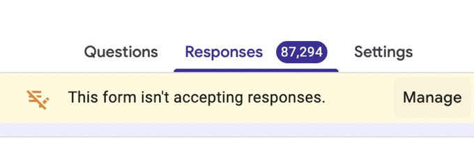 A screenshot of a Google Form's "Responses" tab shows "87,294" as the number of submitted responses, though the form is no longer accepting responses. The image supports the post's claim of over 87,000 applicants for the airdrop.