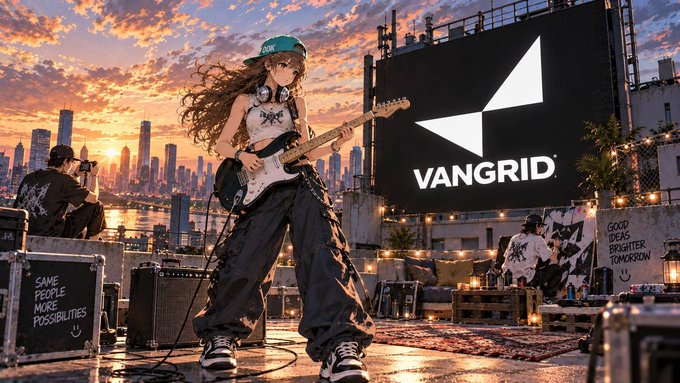 An anime-style illustration features a girl with a green cap and electric guitar on a rooftop at sunset, with a large screen displaying the 'VANGRID' logo and city skyline in the background.