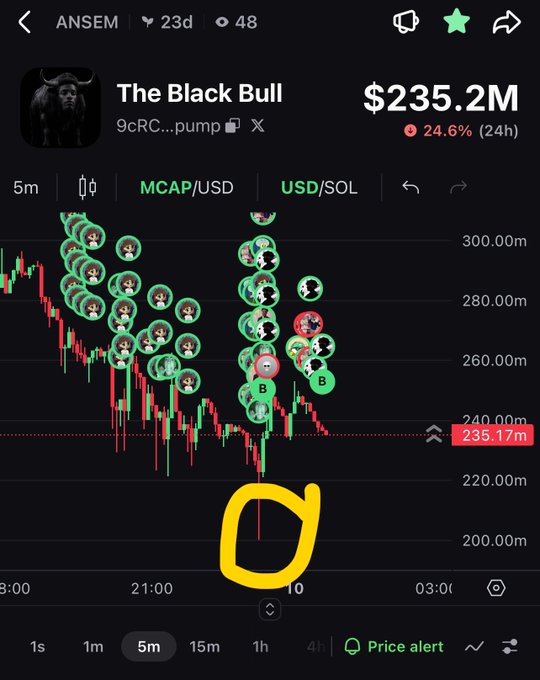 A mobile trading app screen showing 'The Black Bull' token (9cRC...pump) with a market cap of $235.2M, down 24.6% in 24 hours, featuring a candlestick chart with green and red circular markers and a yellow hand-drawn circle highlighting a price dip on the 5m timeframe.