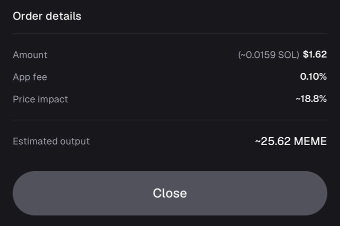A dark-themed mobile app screen displaying cryptocurrency order details, showing an Amount of ~0.0159 SOL ($1.62), an App fee of 0.10%, a Price impact of ~18.8%, and an Estimated output of ~25.62 MEME, with a 'Close' button at the bottom.