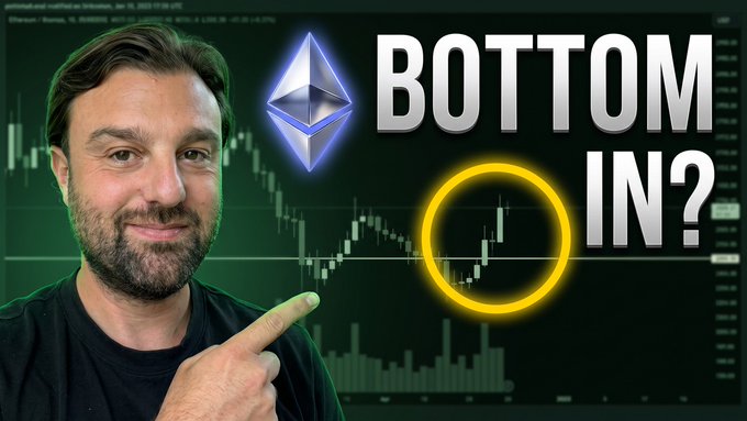 A YouTube thumbnail featuring a man pointing at an Ethereum price chart with the text 'BOTTOM IN?' and a yellow circle highlighting a candle.