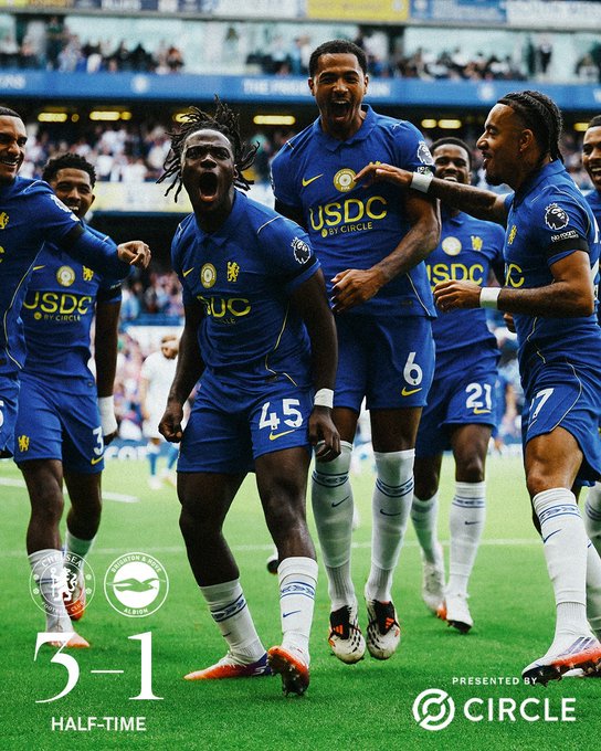 Chelsea FC soccer players, including number 45, celebrate on the pitch in their blue kits, with the score graphic showing '3-1 HALF-TIME' presented by 'CIRCLE'.