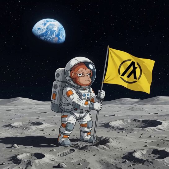 The image features a cartoon monkey dressed as an astronaut, standing on the moon with a yellow flag in its hand. The monkey appears to be holding up the flag while wearing a spacesuit. The caption of the image reads "You might have a short period to buy yourself some Algo and Monko before it will cost you so much more". This suggests that there is an opportunity for the viewer to invest in cryptocurrency, specifically Algo and Monero wallets, which are featured in the image.