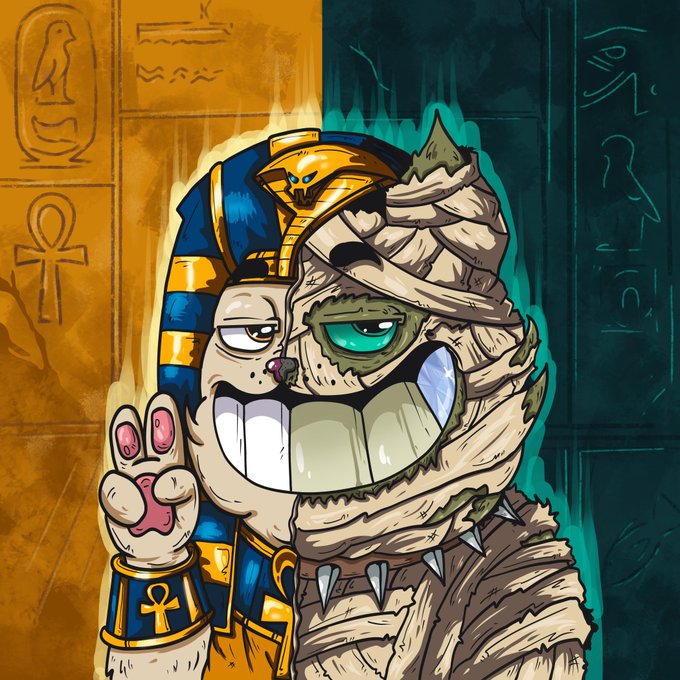 A cartoonish illustration of a mummy-like character with exposed teeth, giving a peace sign, set against a background of Egyptian hieroglyphics.