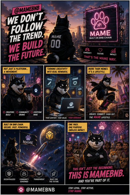 A promotional graphic for @MAMEBNB, a meme coin project built on the BNB chain, featuring Shiba Inu mascots with text like 'WE DON'T FOLLOW THE TREND. WE BUILD THE FUTURE' and 'THIS ISN'T JUST THE BEGINNING. THIS IS MAMEBNB.'