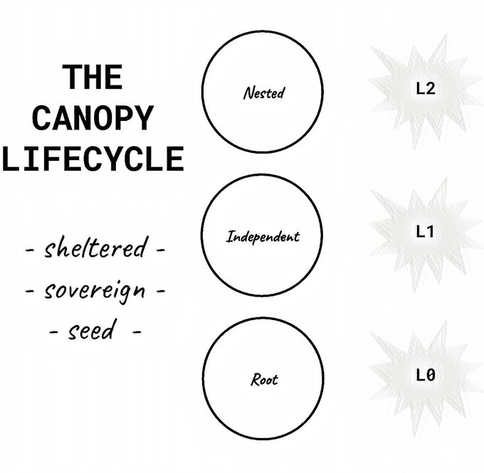The image presents "The Canopy Lifecycle" featuring three circular stages—Nested, Independent, and Root—paired with corresponding levels L2, L1, and L0, alongside the descriptors "sheltered," "sovereign," and "seed." It visually represents Canopy Network's (CNPY) blockchain development framework, illustrating how applications progress through different sovereignty levels to achieve dramatically simplified blockchain deployment with minimal code.
