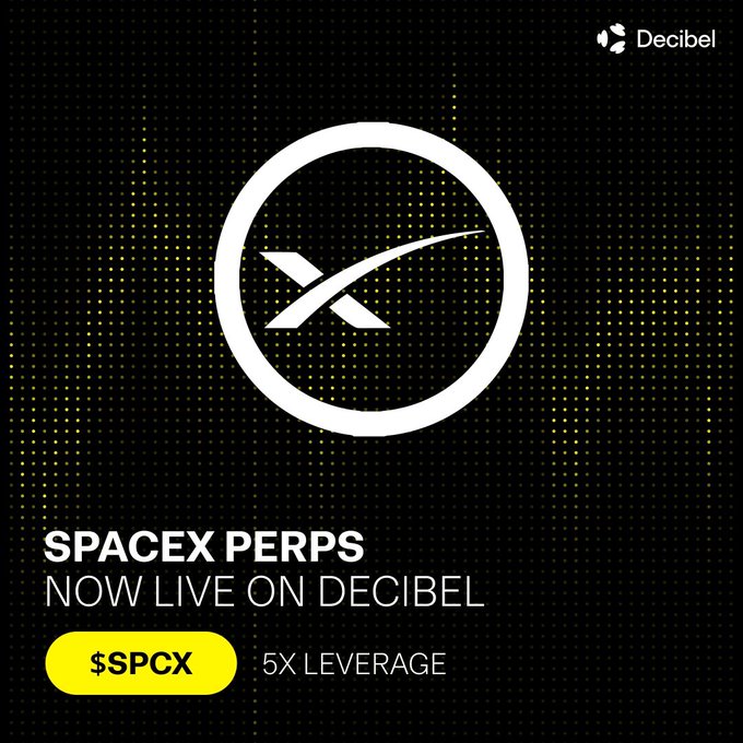 The image features a post announcing that SPCX Perps is now available for download. The content of this post suggests that the platform offers an up-to-date version with increased leverage, making it highly appealing for those who invest their time and money in this perps market. The caption also includes information about Decibel Trade, which supports the reliability of the platform.