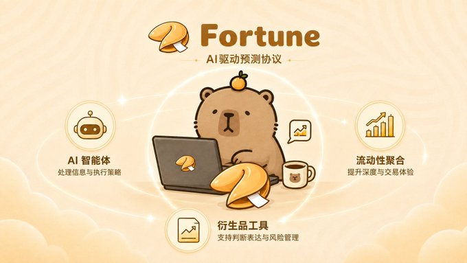 A cartoon capybara character on a laptop, promoting 'Fortune' as an AI-driven prediction protocol, with Chinese text describing AI intelligence, liquidity aggregation, and derivatives tools.