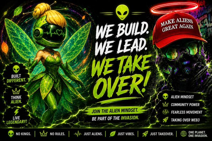 A vibrant promotional graphic with alien characters reading 'WE BUILD. WE LEAD. WE TAKE OVER!' with slogans like 'BUILT DIFFERENT', 'THINK ALIEN', and 'LIVE LEGENDARY'.