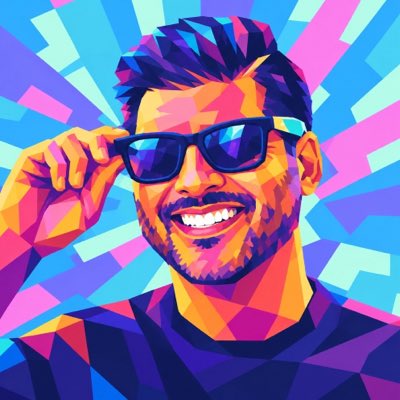 A colorful geometric pop-art style portrait of a smiling man with a beard lowering his sunglasses, set against a vibrant blue and pink background.