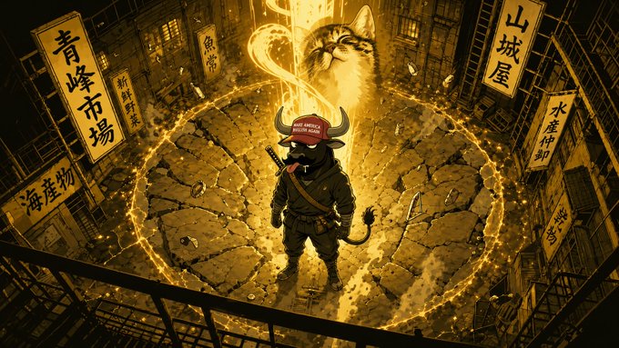 A muscular anthropomorphic cat warrior wearing a red "BLACK HAMMER DRAGON BORN" headband stands within a glowing golden rune circle in a dark, sign-filled alleyway. Visible Japanese-style signs read "青峰市场" and "山城屋," fitting the round 4 $CATE airdrop promotion's fierce, competitive prize-pool theme.