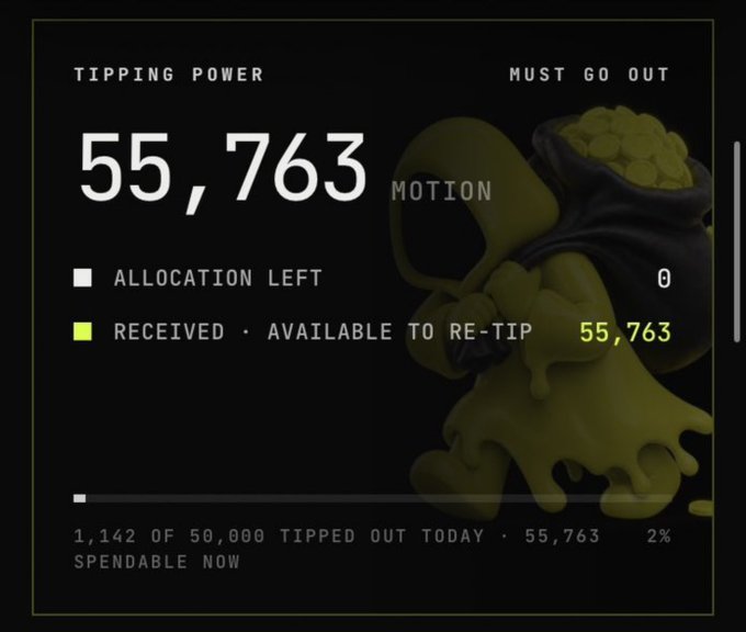 A digital tipping dashboard titled 'MOTION' displays 'TIPPING POWER' of 55,763 with 'MUST GO OUT' indicator, showing 'ALLOCATION LEFT: 0' and 'RECEIVED - AVAILABLE TO RE-TIP: 55,763', noting 1,142 of 50,000 tipped out today, with a graphic of a gold bag of money on the right.