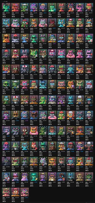 A grid showcasing a large collection of colorful pixel-art character avatars or NFT tokens, each with unique designs and traits displayed below them.
