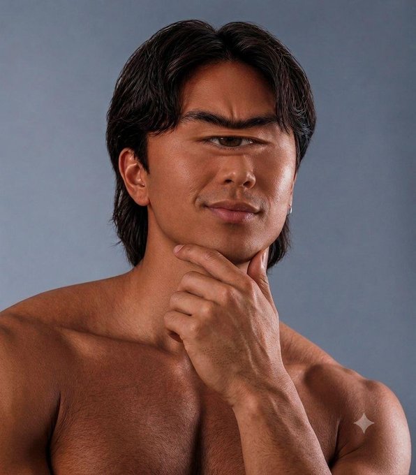 A shirtless man with medium-length dark hair poses thoughtfully with his hand on his chin against a gray background, his confident expression suggesting he's reflecting on narrowly avoiding losses. The image pairs with a post about narrowly escaping financial disaster after all four memecoin trades—TRUMP GOLD, VERONA, SATORI, and PLEV—turned out to be rugs, yet somehow ended "barely ever so slightly green."