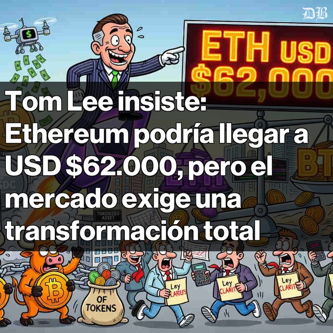 A cartoon shows a sweating Tom Lee pointing at a digital sign displaying "ETH USD $62,000," surrounded by flying money bags, a money-printing drone, and a chaotic crowd of protesters demanding "Ley CLARITY," with a bull holding a Bitcoin coin and a sack labeled "OF TOKENS" at the bottom. The headline reads: "Tom Lee insiste: Ethereum podría llegar a USD $62,000, pero el mercado exige una transformación total."