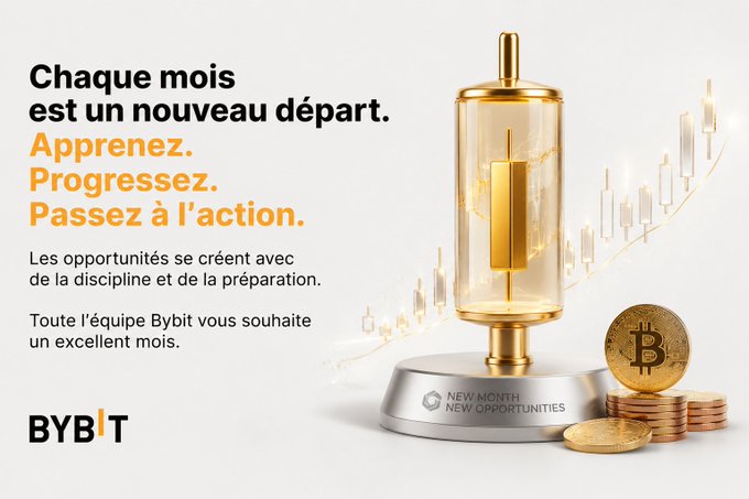 A Bybit promotional graphic in French states 'Chaque mois est un nouveau départ' (Each month is a new start) with bullet points 'Apprenez. Progressez. Passez à l'action', featuring a gold vault-like cylinder and Bitcoin coins with the message 'NEW MONTH. NEW OPPORTUNITIES'.