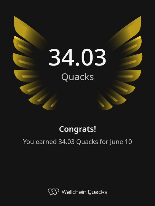 The image features a gold and black logo with a wingspan design at the top center of the frame. The website or app displaying this image says "gQuack", indicating that it's a platform related to Quacking games, likely focusing on quack-related activities or achievements. In the bottom right corner, there is text promoting an achievement, stating "Congratulations! You earned 34.03 Quacks for June 10".