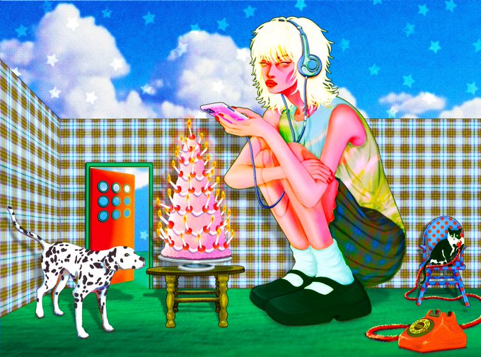 A colorful digital illustration depicting a blonde person wearing headphones sitting on the floor, looking at a smartphone, next to a large lit birthday cake, with a Dalmatian dog and a vintage red telephone nearby.