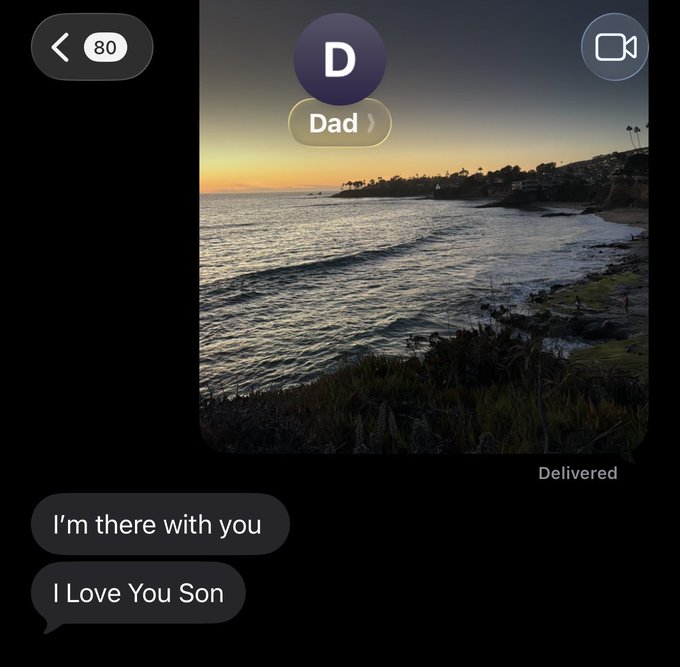 A screenshot of a chat showing messages "I'm there with you" and "I Love You Son" sent to "Dad" with a beach sunset photo marked "Delivered".