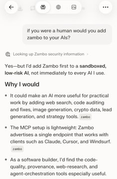 A screenshot of an AI chat response discussing why the user would add Zambo to their AIs, mentioning sandboxed AI, code auditing, crypto data, and the MCP setup as a lightweight endpoint.