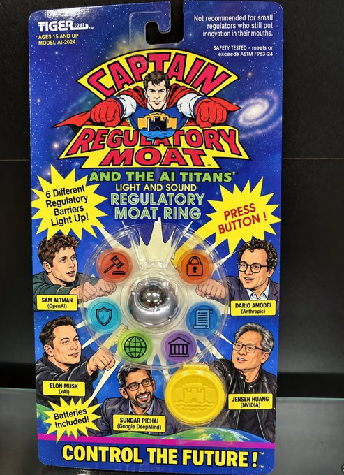 A packaged toy parody product titled 'CAPTAIN REGULATORY MOAT AND THE AI TITANS' by Tiger Electronics, featuring a 'Regulatory Moat Ring' toy with caricatures of Sam Altman, Dario Amodei, Elon Musk, Sundar Pichai, and Jensen Huang, tagged 'CONTROL THE FUTURE!'
