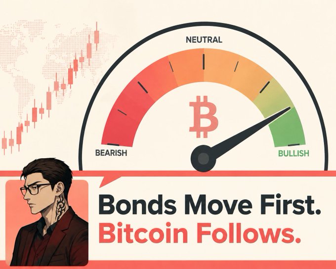 Crypto market analysis graphic featuring a Bitcoin speedometer gauge (Bearish/Neutral/Bullish) with the slogan 'Bonds Move First. Bitcoin Follows.'