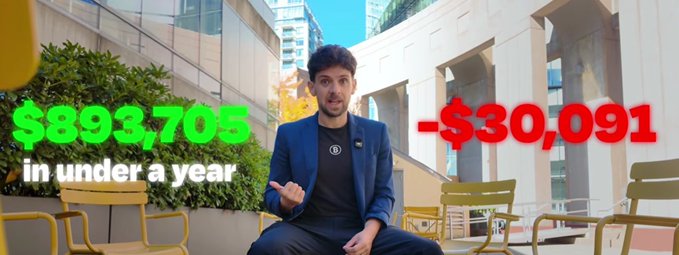 A man in a blue blazer sits outdoors on a chair, gesturing while text overlays display '$893,705 in under a year' and '-$30,091' in green and red.