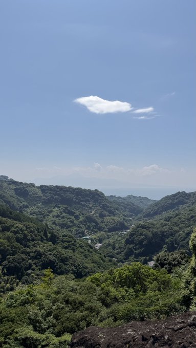 A scenic overlook shows lush green forested mountains rolling toward a distant coastline under a bright blue sky with a single wispy cloud, offering a calm view to escape crypto chaos. No text, numbers, or tickers are visible in the image.
