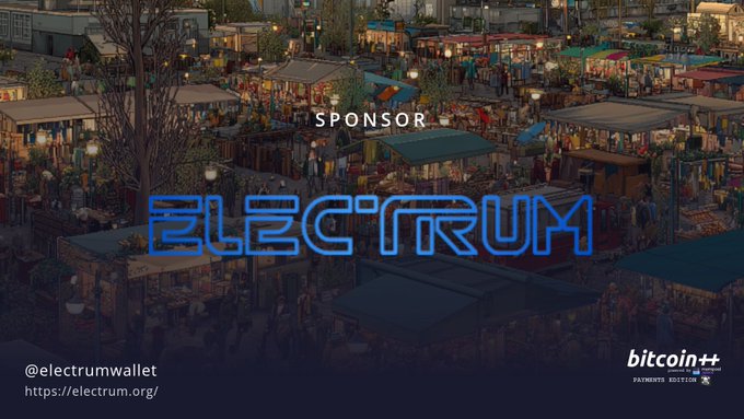 A sponsored advertisement for Electrum (@electrumwallet) displays the glowing blue logo over a vibrant night market scene, promoting the Bitcoin wallet at electrum.org.