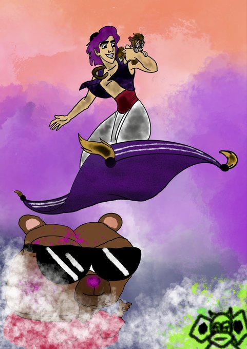 A vibrant digital illustration shows a purple-haired figure with a wide grin posing dynamically above a teddy bear wearing oversized reflective sunglasses, surrounded by clouds against a gradient sunset sky. The image ties to the "$BOBO" meme theme of "jungle bay memes x messy purp rizz," capturing the playful, chaotic energy with a stylized creature logo in the bottom corner.