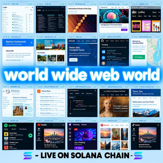 A promotional graphic titled "world wide web world - LIVE ON SOLANA CHAIN" displaying grid screenshots of various websites like ccsb.org, Wikipedia, Spotify, YouTube, Twitch, Pinterest, and TikTok.