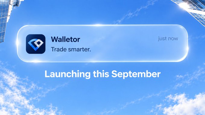 A clean advertisement banner against a blue sky background announcing "Walletor - Trade smarter." with text below stating "Launching this September".