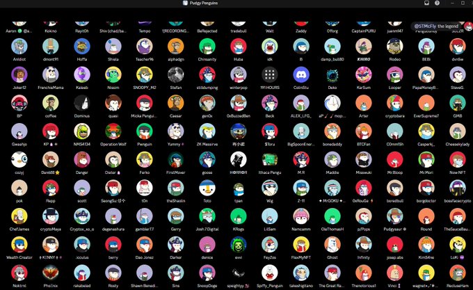 A screenshot of a digital collection grid showing numerous small avatar icons with usernames, appearing to be a 'Pudgy Penguins' related collection or Discord member list.