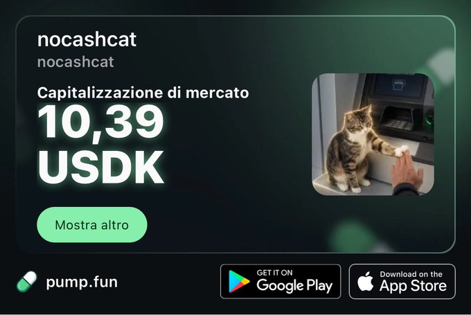 A cryptocurrency listing on pump.fun showing the token 'nocashcat' with a market capitalization of 10.39 USDK, featuring an image of a tabby cat reaching toward an ATM.