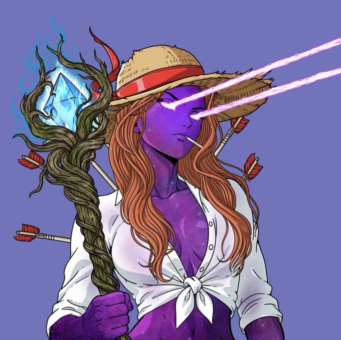 An illustration depicts a purple-skinned woman in a straw hat and white tied shirt holding a staff topped with a glowing blue gem, with arrows piercing her back and pink laser beams shooting from her eyes.