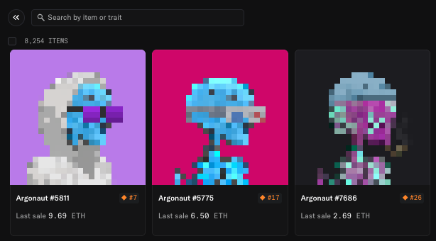 An NFT marketplace interface displaying 8,254 pixel-art 'Argonaut' items, showing Argonaut #5811 (9.69 ETH), Argonaut #5775 (6.50 ETH), and Argonaut #7686 (2.69 ETH) with rarity rankings.