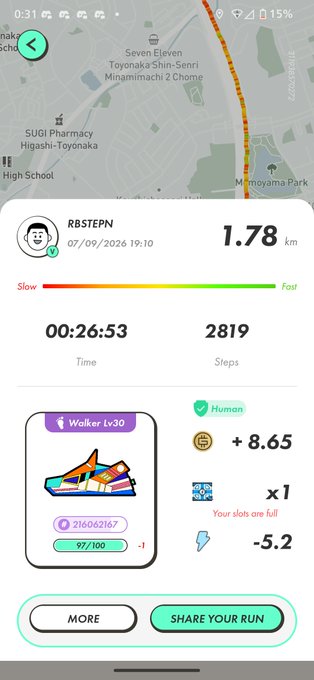A fitness app screenshot showing a completed 1.78 km run with 2819 steps in 26:53, including rewards like +8.65 coins and -5.2 energy.