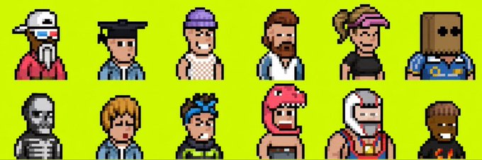 A pixel art character selection screen displaying 12 character sprites including a skull, various people with hats, and a dinosaur head on a green background.