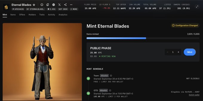NFT minting page for 'Eternal Blades' showing a pixel-art cowboy character with pistols, priced at 25.00 APE ($3.69) during the Public Phase, with 3,931/5,595 items minted.
