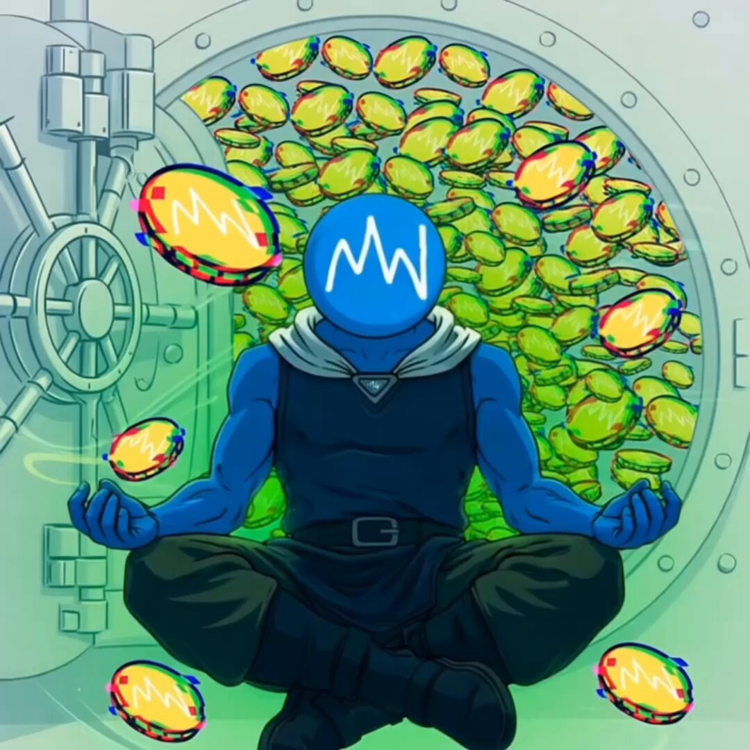 The image features a blue-headed superhero sitting with their hands clasped together, surrounded by stacks of money. The superhero's face has a blue headband that says "mw" on it. The scene suggests that the superhero is in a position where they are either receiving or giving out money, possibly as part of a game or a charitable act. The post about staking cryptocurrency emphasizes the importance of belief and faith in the market, rather than relying solely on technical analysis. It encourages people to trust their instincts and have faith in the idea that the market will continue to move upwards over time.