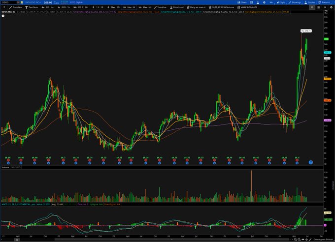 A stock trading chart on thinkorswim showing BIBI with a candlestick pattern, moving average lines, MACD indicator, and volume bars on a dark background.