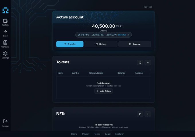 A cryptocurrency wallet dashboard (TESTNET) displaying an active account with a balance of 40,500.00 Quanta and empty Tokens and NFTs sections.