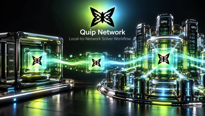 A promotional graphic for 'Quip Network' with the subtitle 'Local-to-Network Solver Workflow' displayed against a futuristic background featuring glowing green CPU, GPU, and QPU server racks connected by light beams.